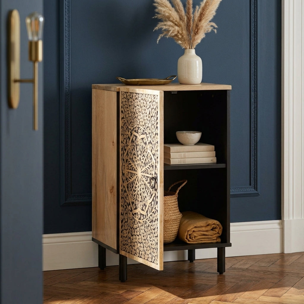 Armoire Étroite à Rosace Sculptée à la main en bois de manguier – photo 9