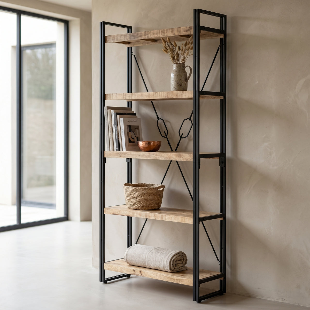 Bibliothèque industrielle à croisillons en manguier – 90 x 30 x 180 cm