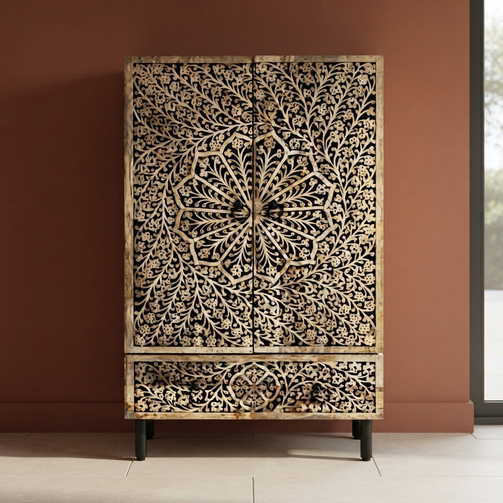 Buffet Haut Entièrement Sculpté à la main en bois de manguier