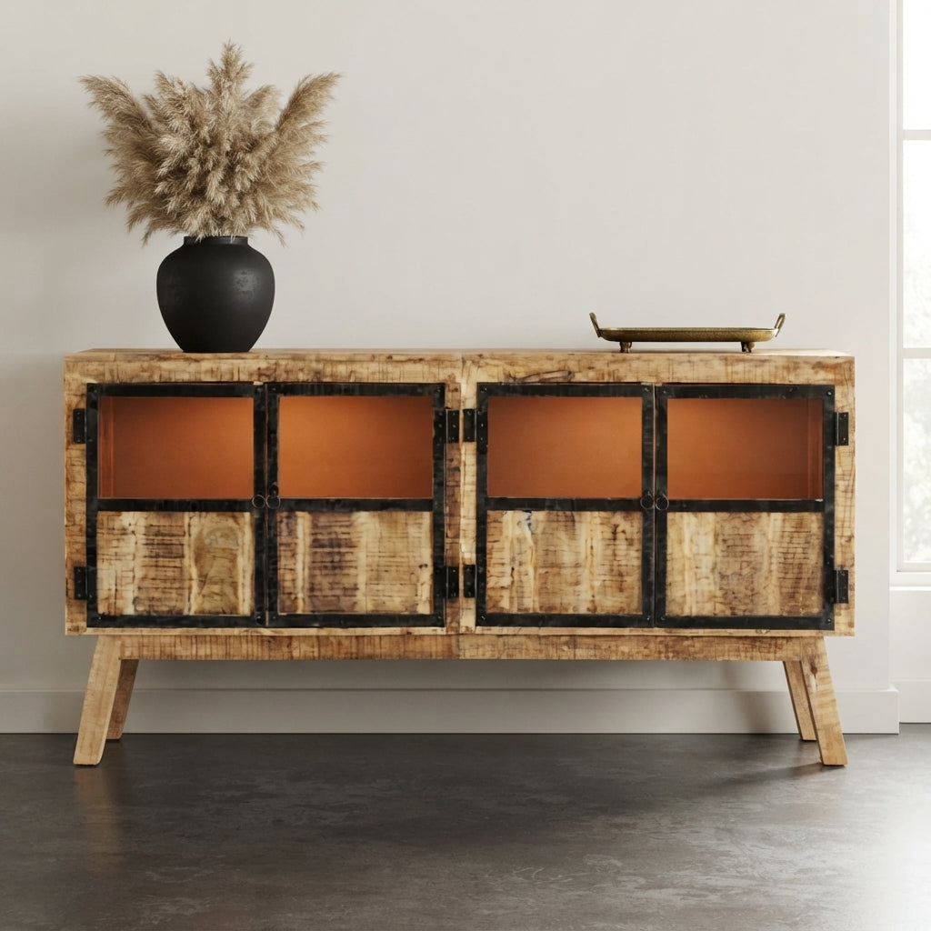Buffet Long Bicolore à Cadres Noirs en bois de manguier