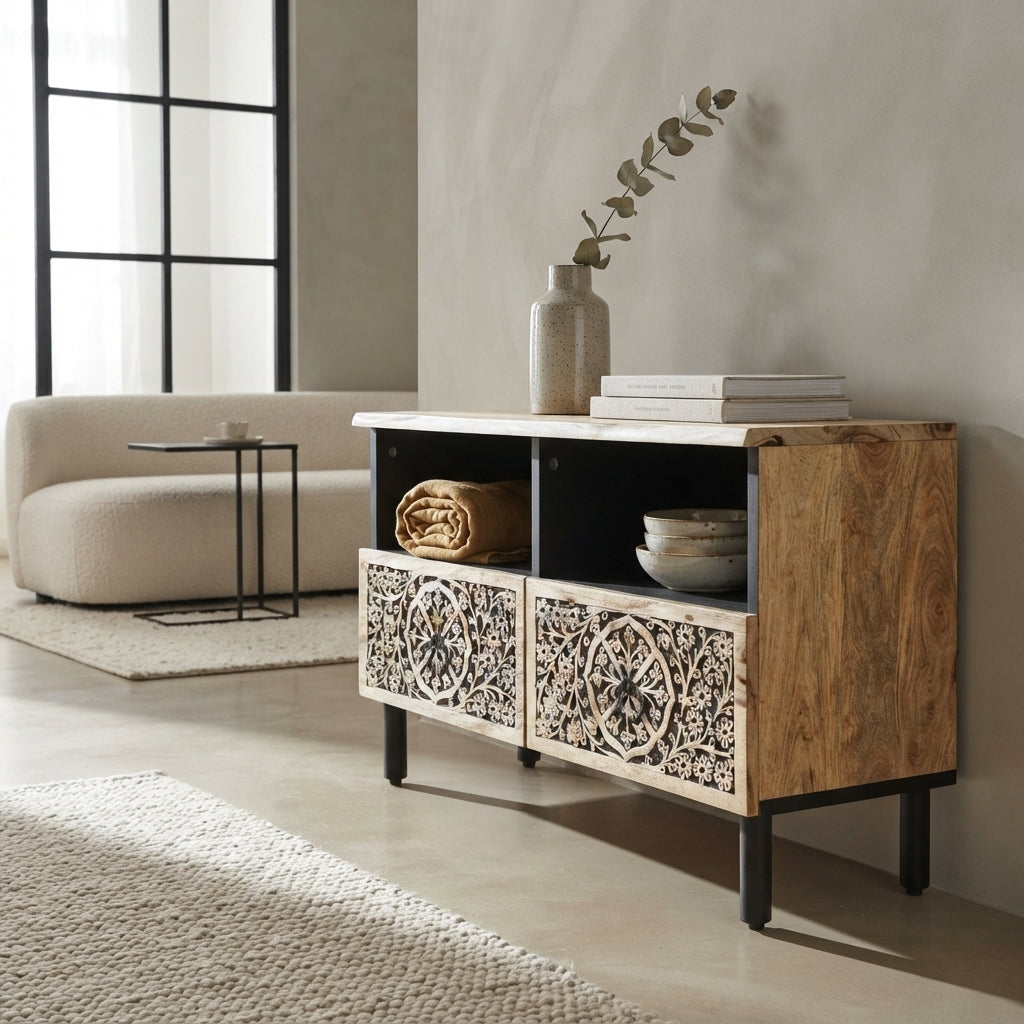 Meuble TV Compact à Rosaces sculptées à la main en bois de manguier – photo 8