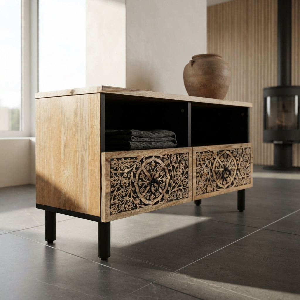 Meuble TV Compact à Rosaces sculptées à la main en bois de manguier – photo 3