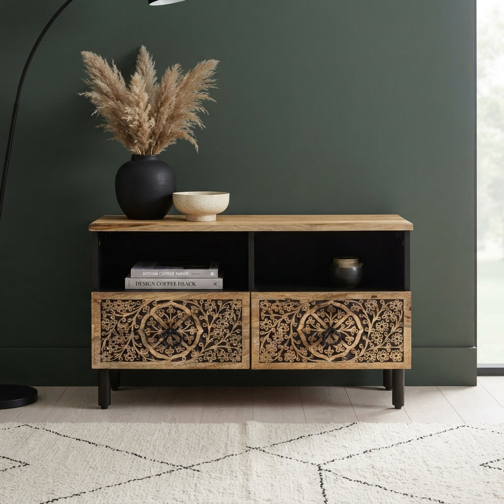 Meuble TV Compact à Rosaces sculptées à la main en bois de manguier