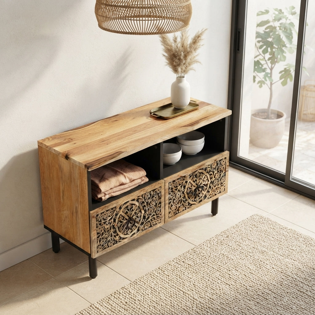 Meuble TV Compact à Rosaces sculptées à la main en bois de manguier – photo 7