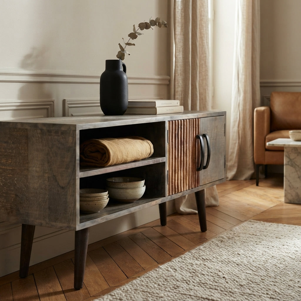 Meuble TV Gris à Porte Striée en bois de manguier
