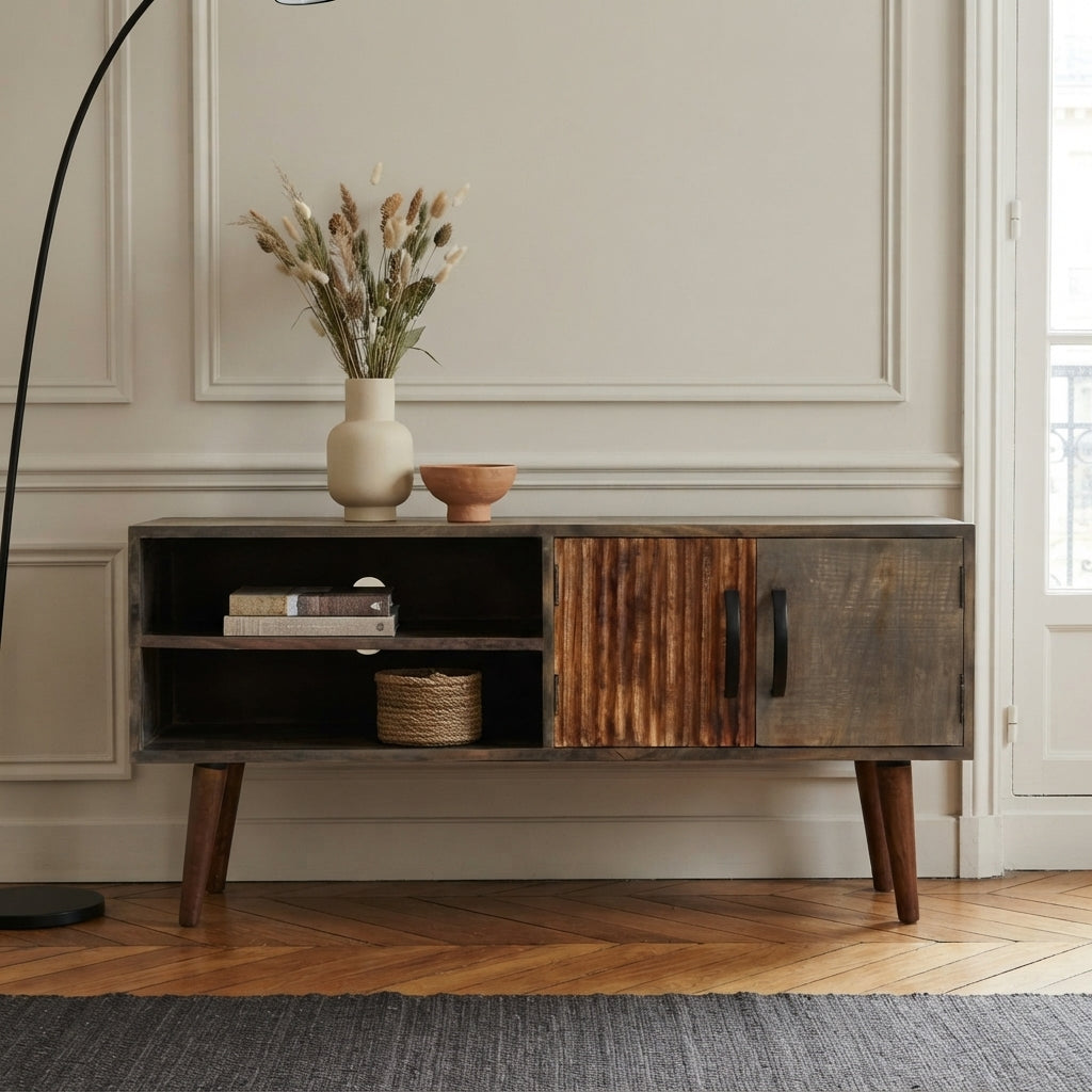 Meuble TV Gris à Porte Striée en bois de manguier – photo 8