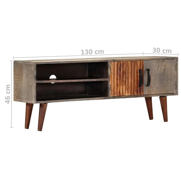 Meuble TV Gris à Porte Striée – dimensions : 130 x 30 x 46 cm (L x P x H)