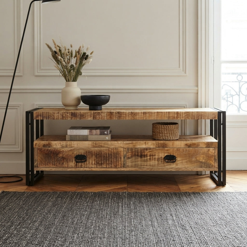 Meuble TV Industriel à Cadre Acier en bois de manguier