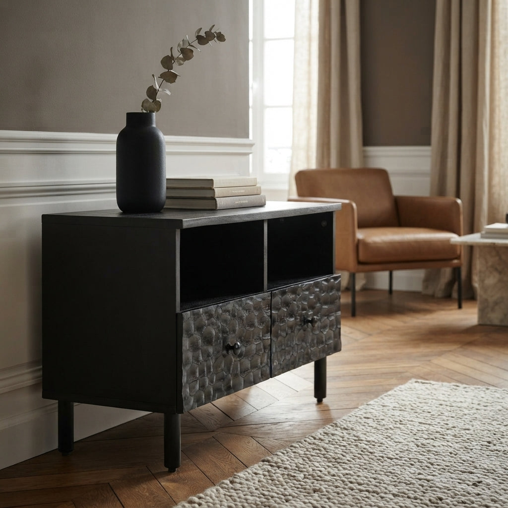 Meuble TV Noir Profond en bois de manguier