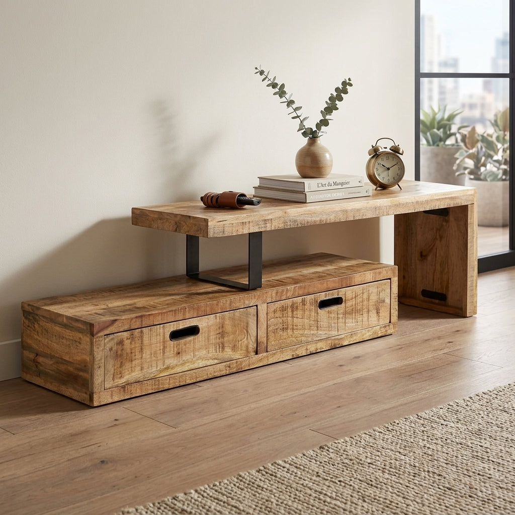 Meuble TV à Plateau Surélevé en bois de manguier