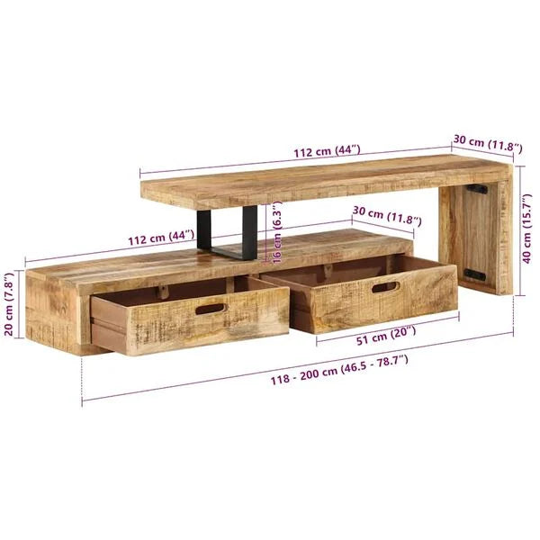 Meuble TV à Plateau Surélevé – dimensions : 118 à 200 x 30 x 40 cm (L x P x H)