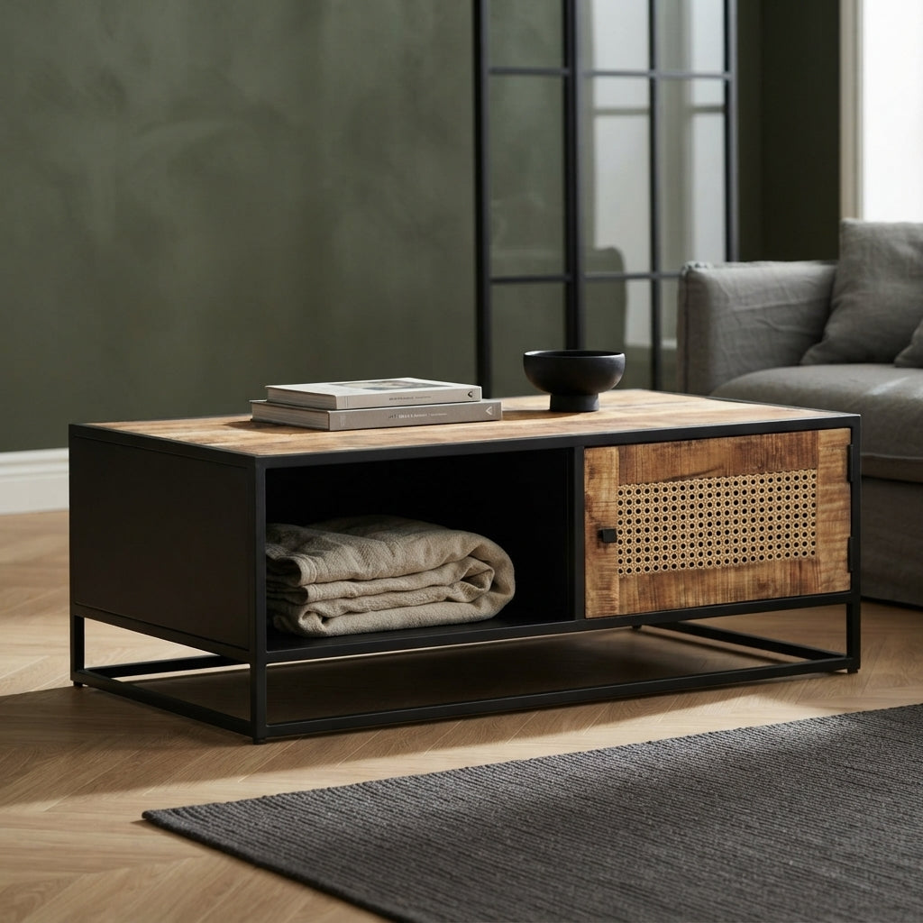 Table Basse Cannage et Noir Mat en bois de manguier