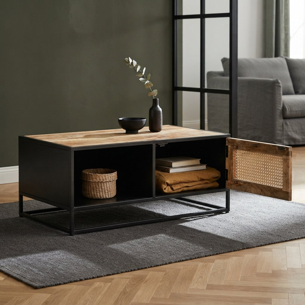 Table Basse Cannage et Noir Mat en bois de manguier – photo 3