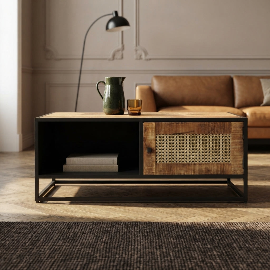 Table Basse Cannage et Noir Mat en bois de manguier – photo 7