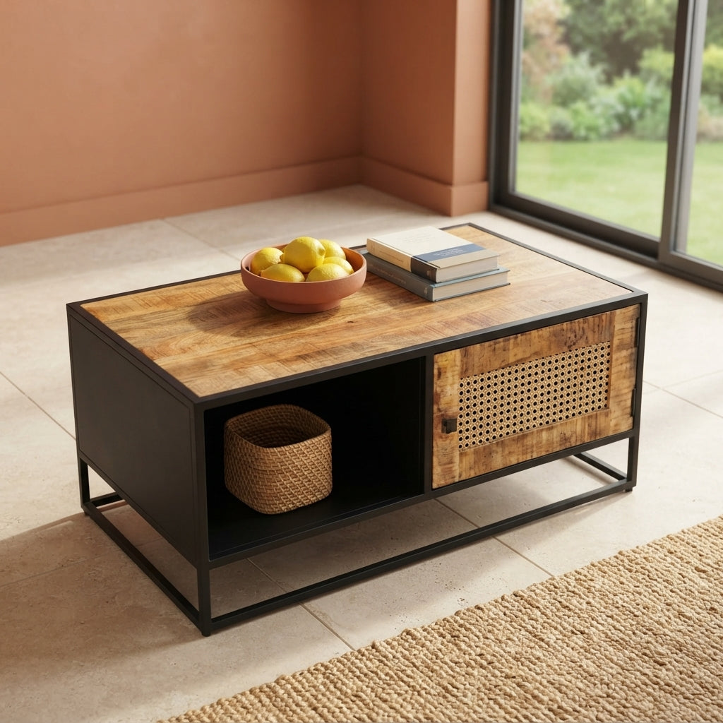 Table Basse Cannage et Noir Mat en bois de manguier – photo 9