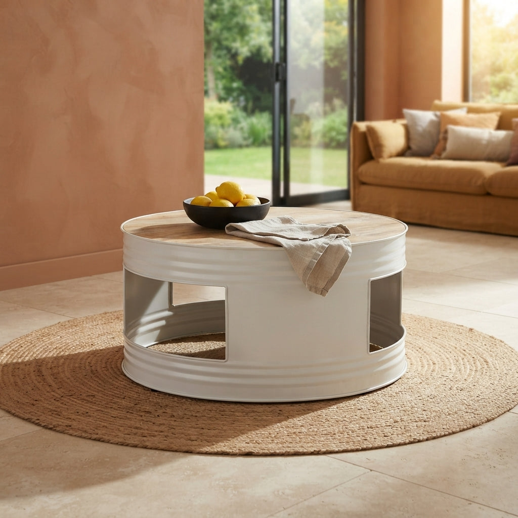 Table basse cylindre en manguier – Blanc – 68 x 36 cm