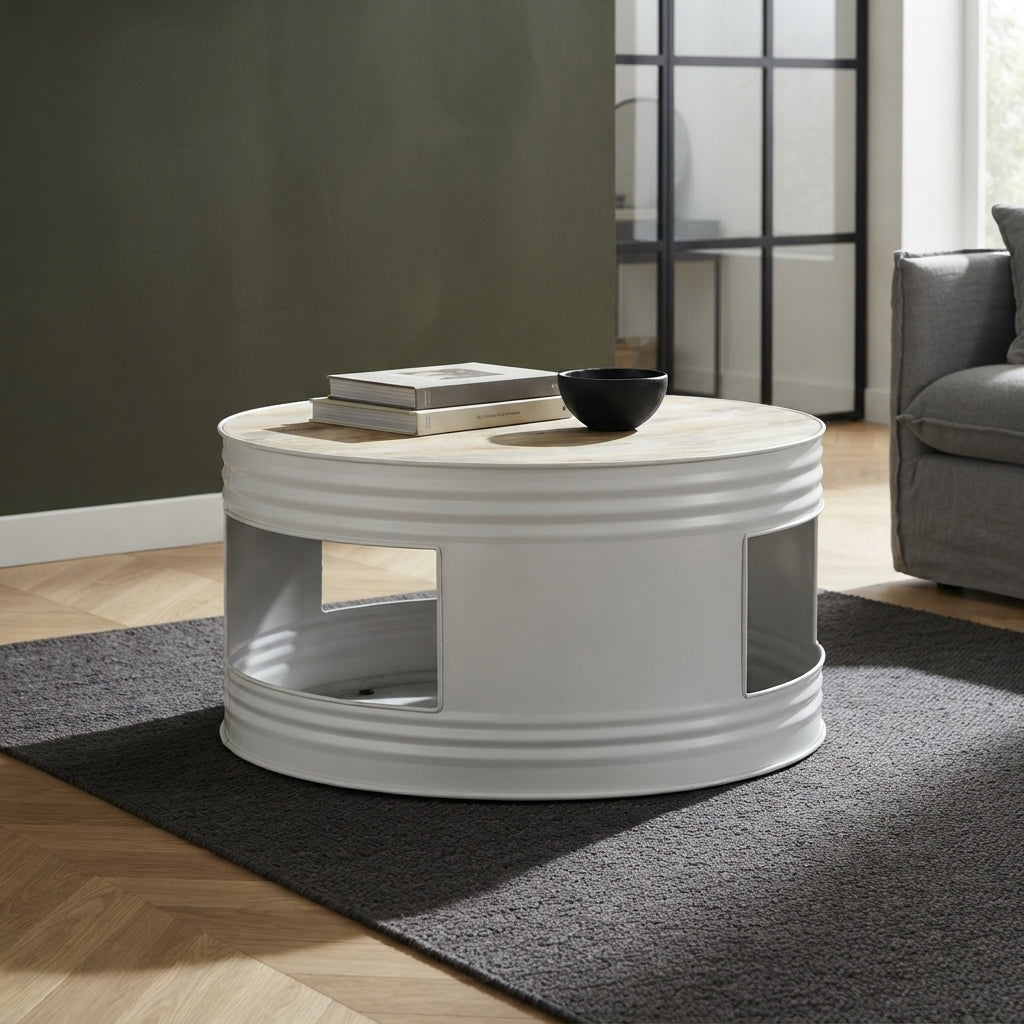 Table basse cylindre en manguier – Blanc – 68 x 36 cm