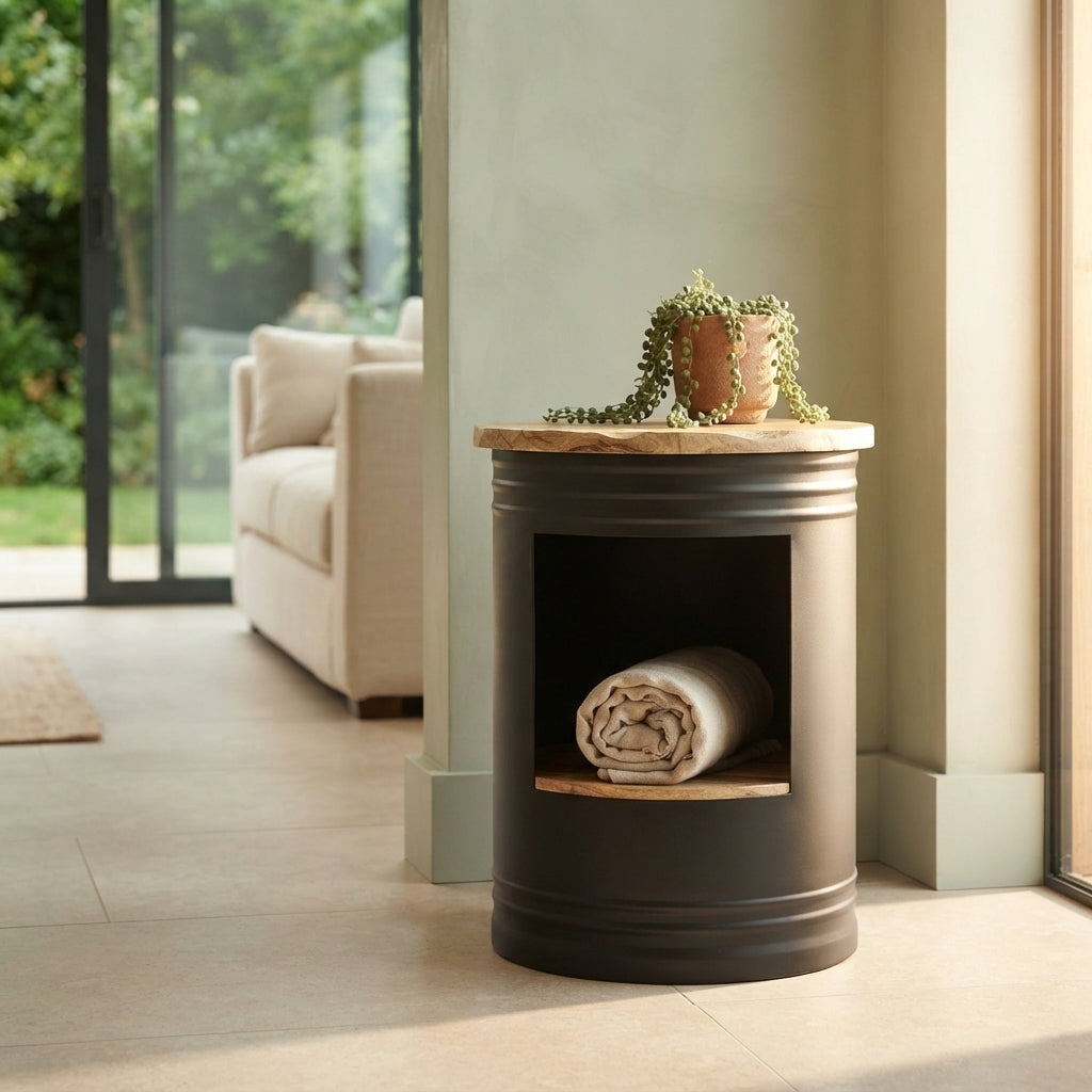 Table basse cylindre en manguier – Noir – 43 x 55 cm