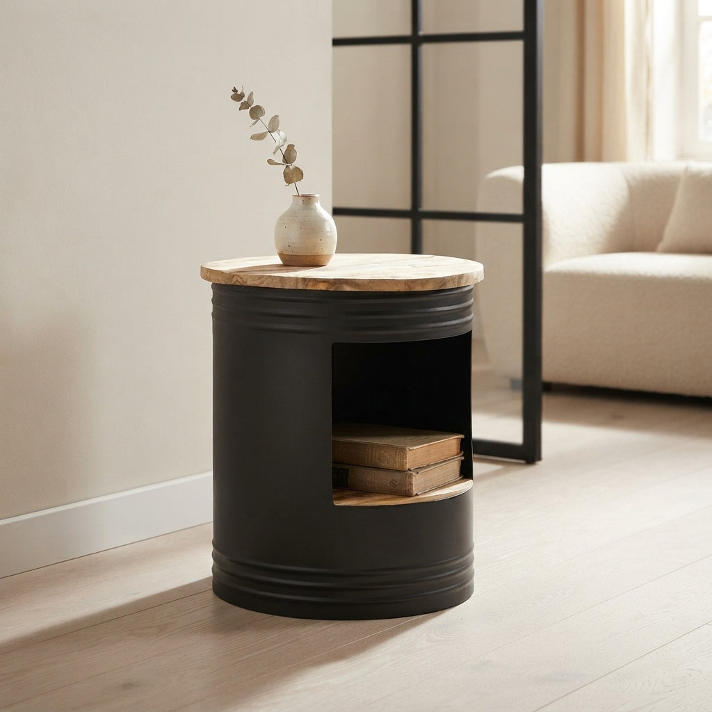 Table basse cylindre en manguier – Noir – 43 x 55 cm
