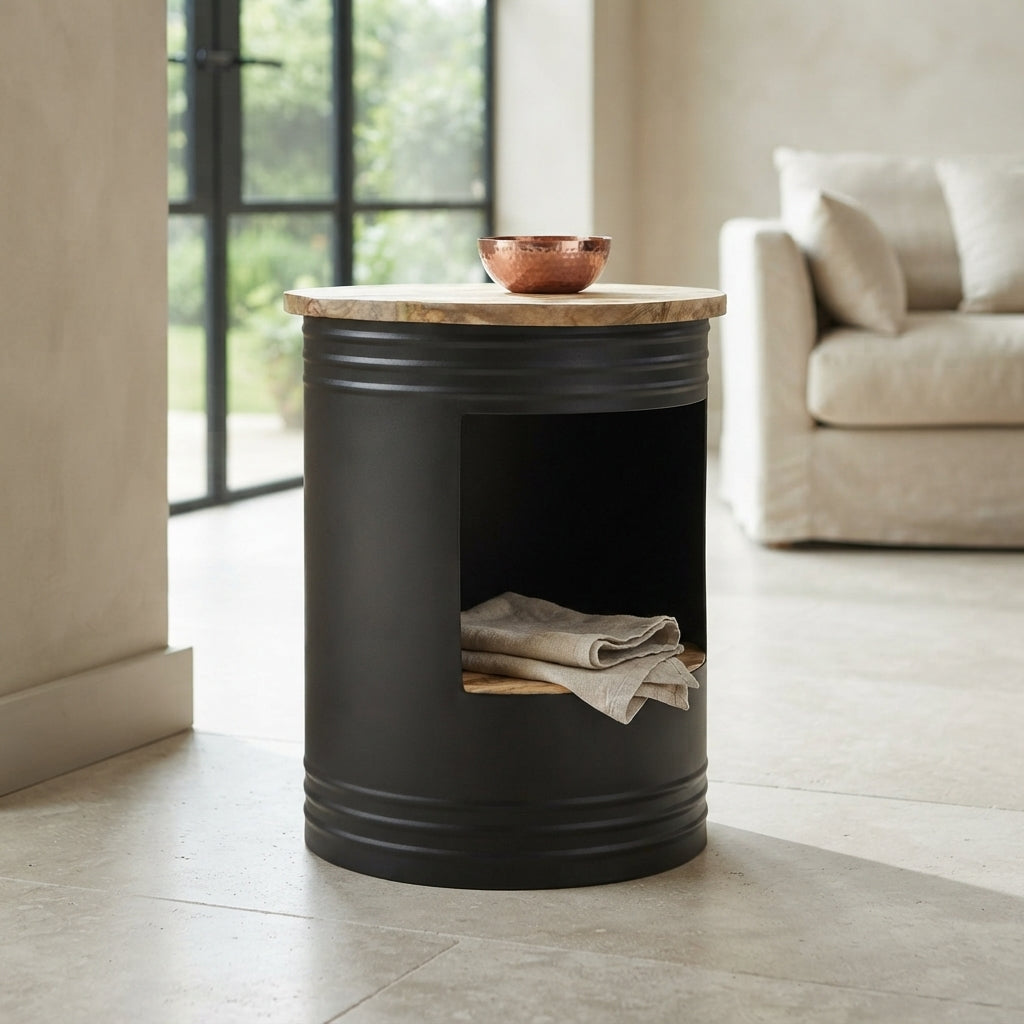 Table basse cylindre en manguier – Noir – 43 x 55 cm
