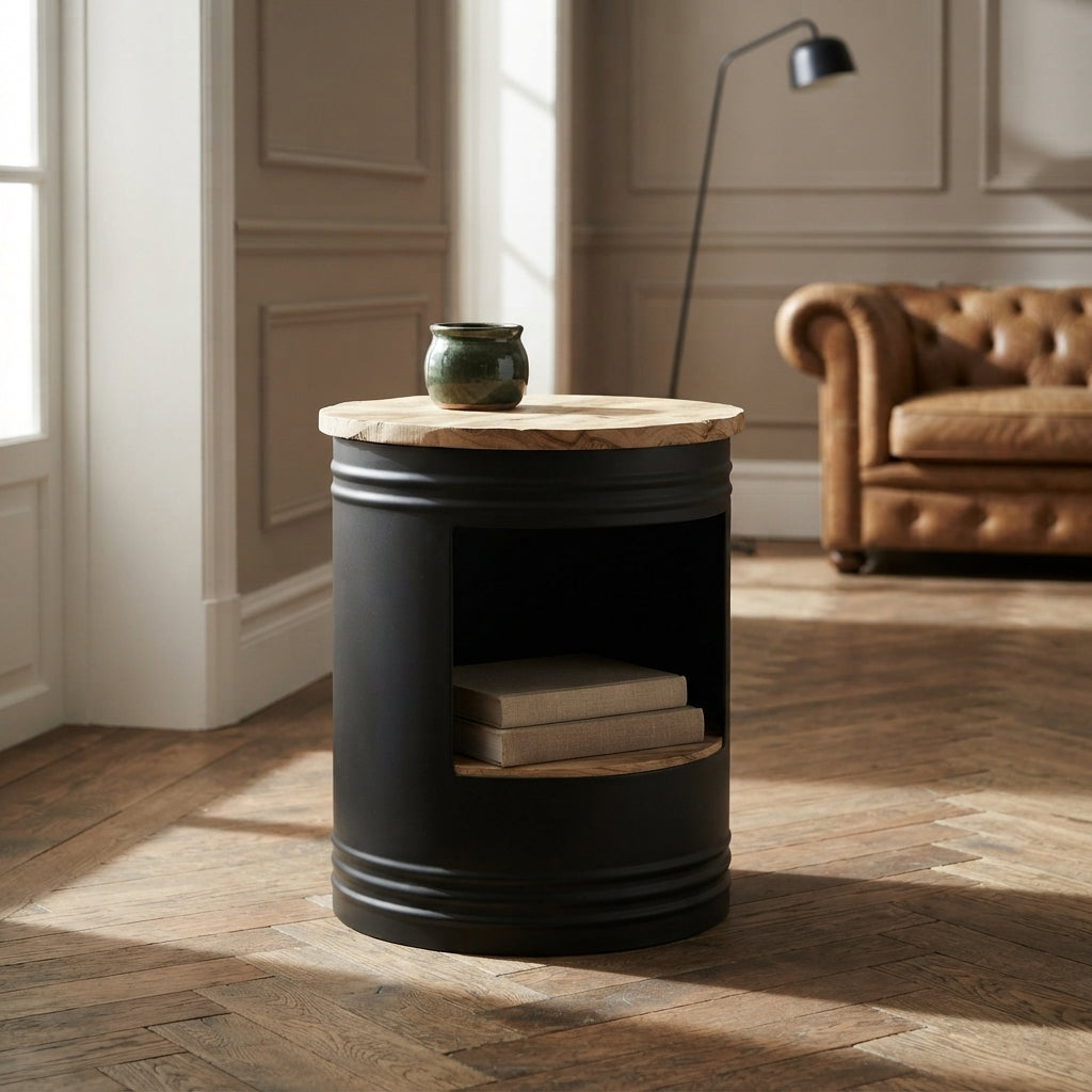 Table basse cylindre en manguier – Noir – 43 x 55 cm