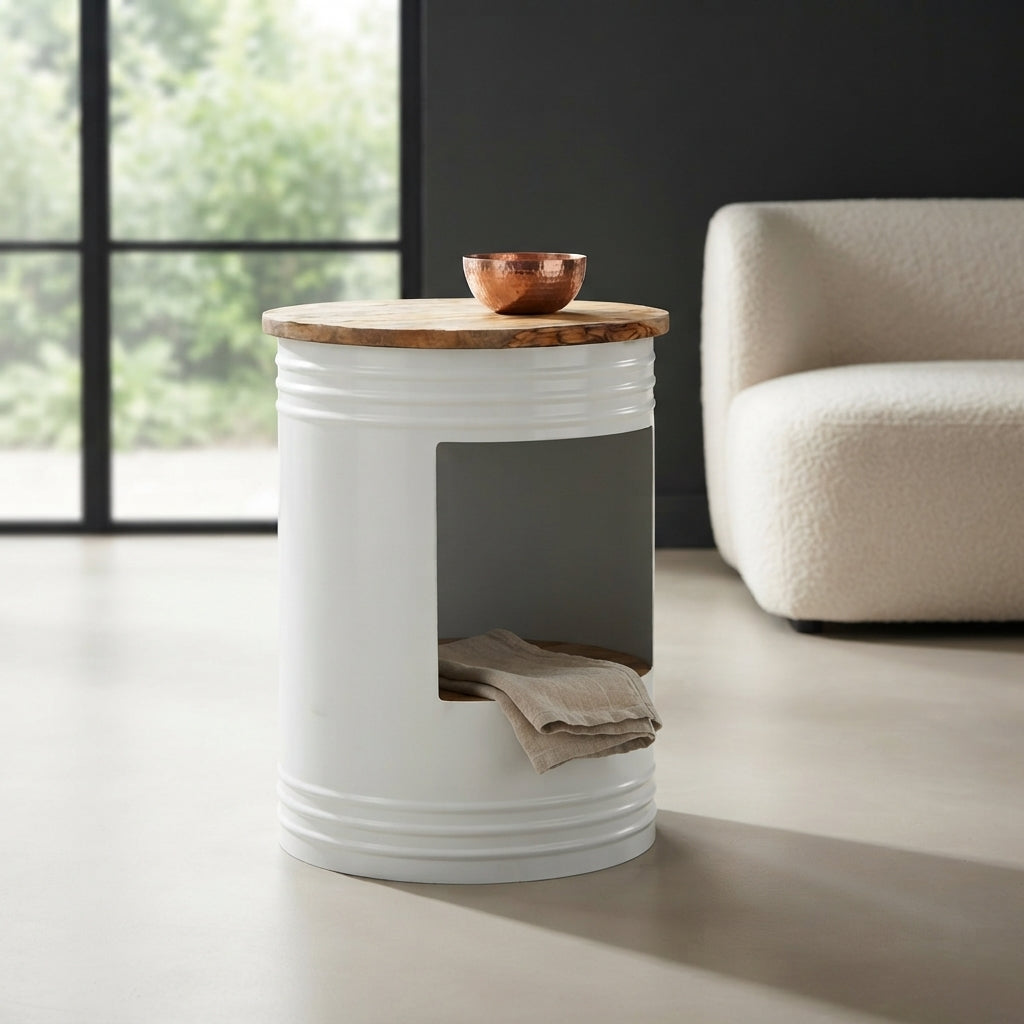 Table basse cylindre en manguier – Blanc – 43 x 55 cm