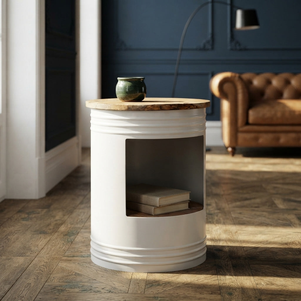 Table basse cylindre en manguier – Blanc – 43 x 55 cm