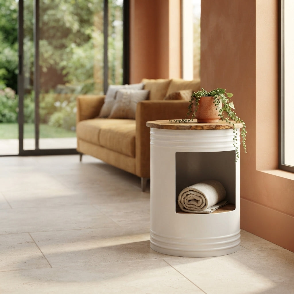Table basse cylindre en manguier – Blanc – 43 x 55 cm