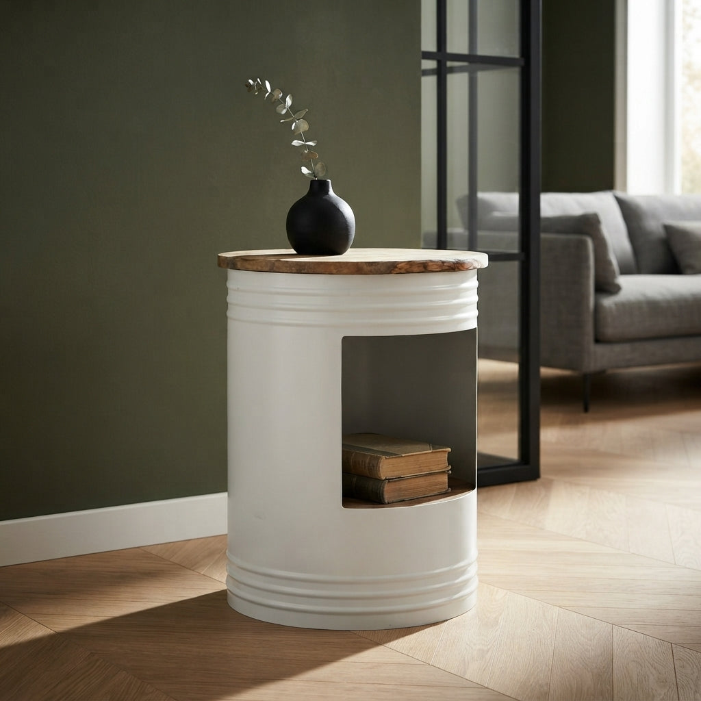 Table basse cylindre en manguier – Blanc – 43 x 55 cm