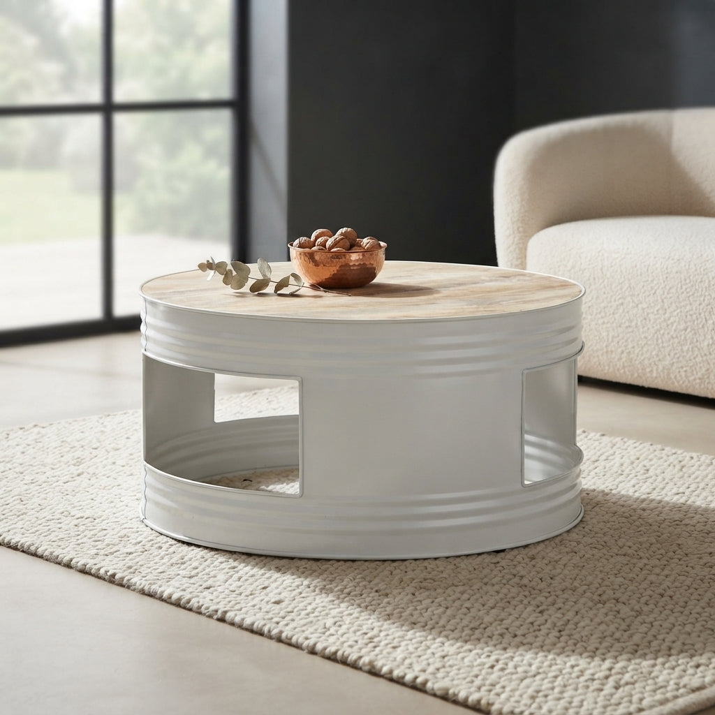 Table basse cylindre en manguier – Blanc – 68 x 36 cm