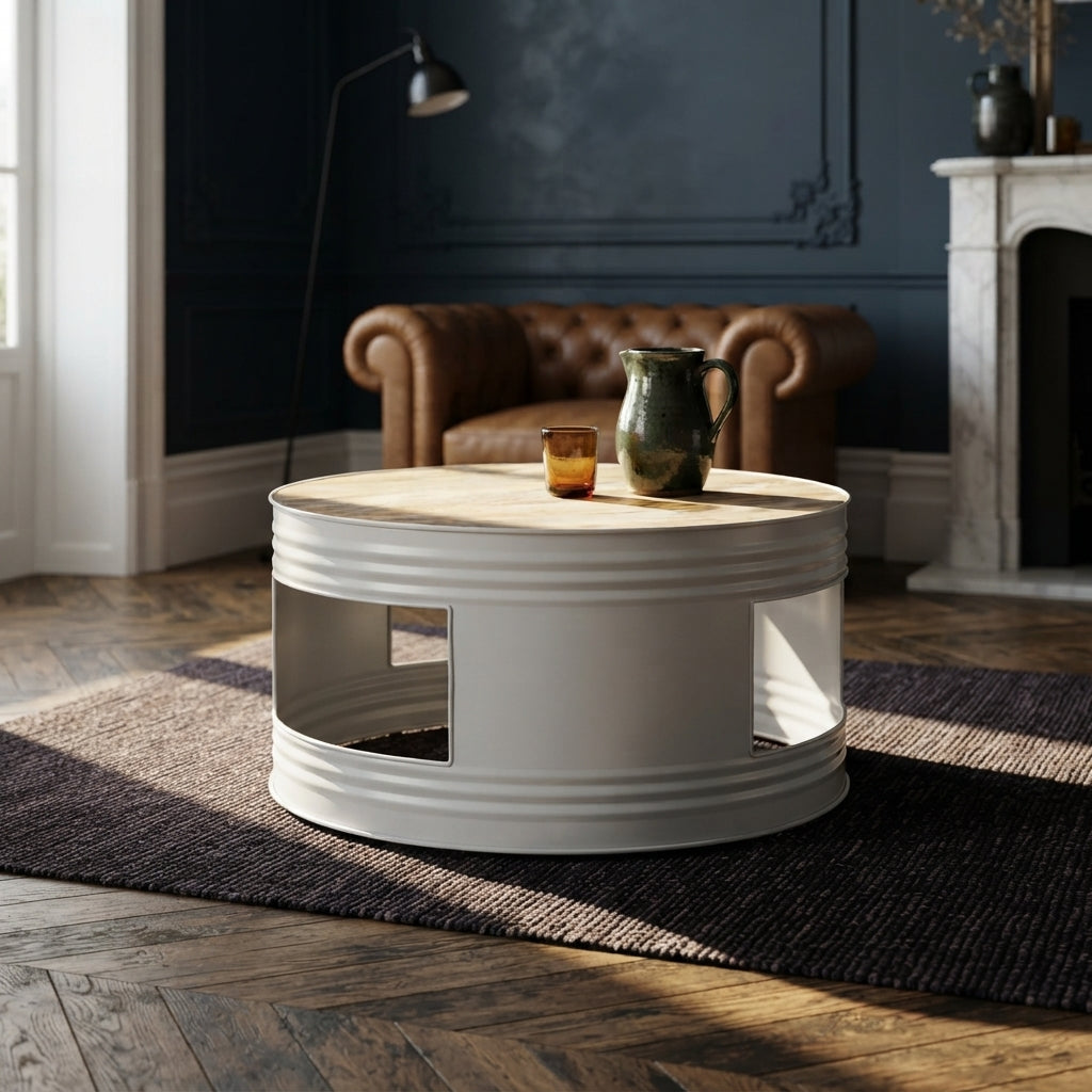 Table basse cylindre en manguier – Blanc – 68 x 36 cm