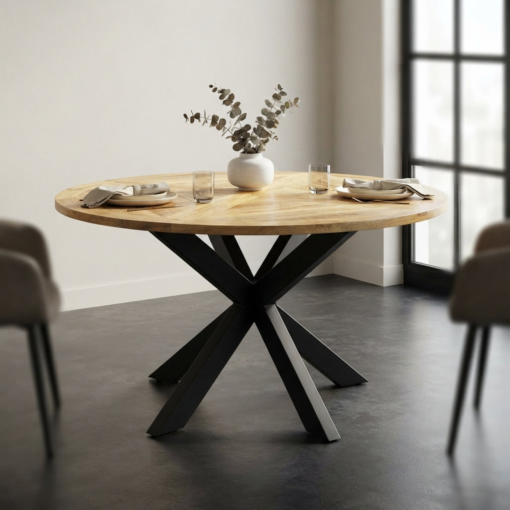 Table ronde à pied étoile – Manguier massif – 150 x 76 cm