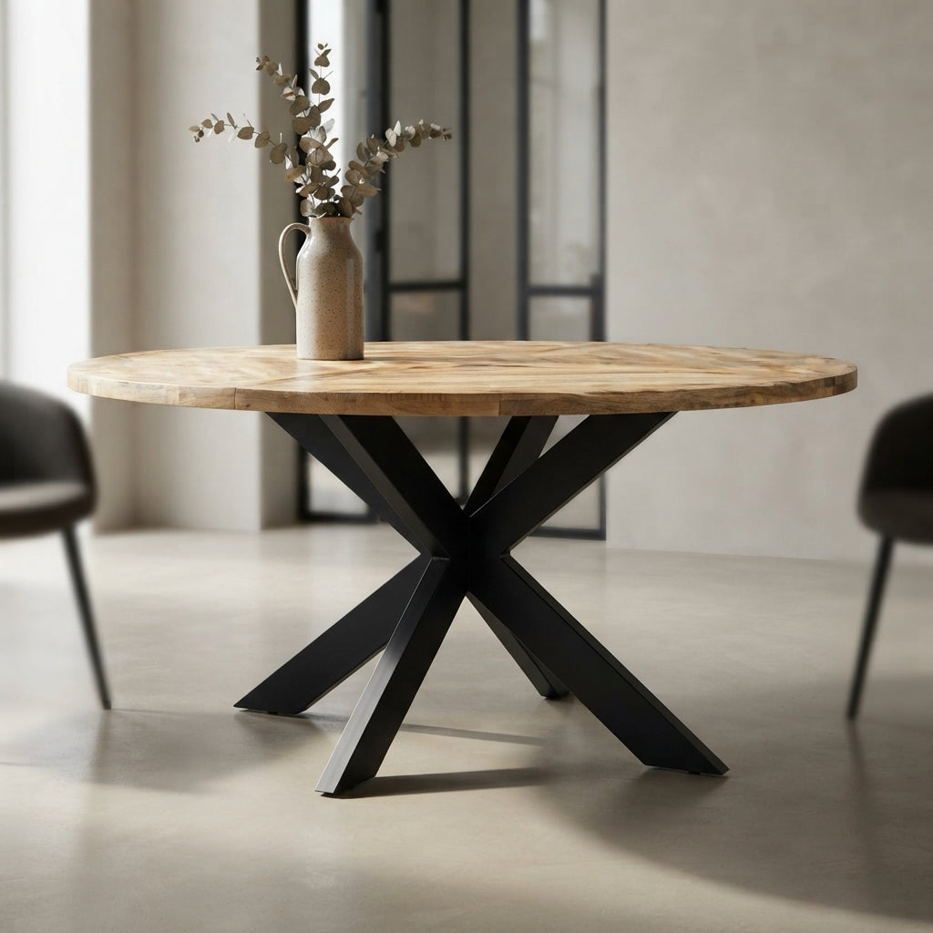 Table ronde à pied étoile – Manguier brut massif – 150 x 76 cm