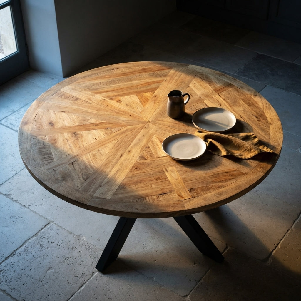 Table ronde à pied étoile – Manguier brut massif – 150 x 76 cm