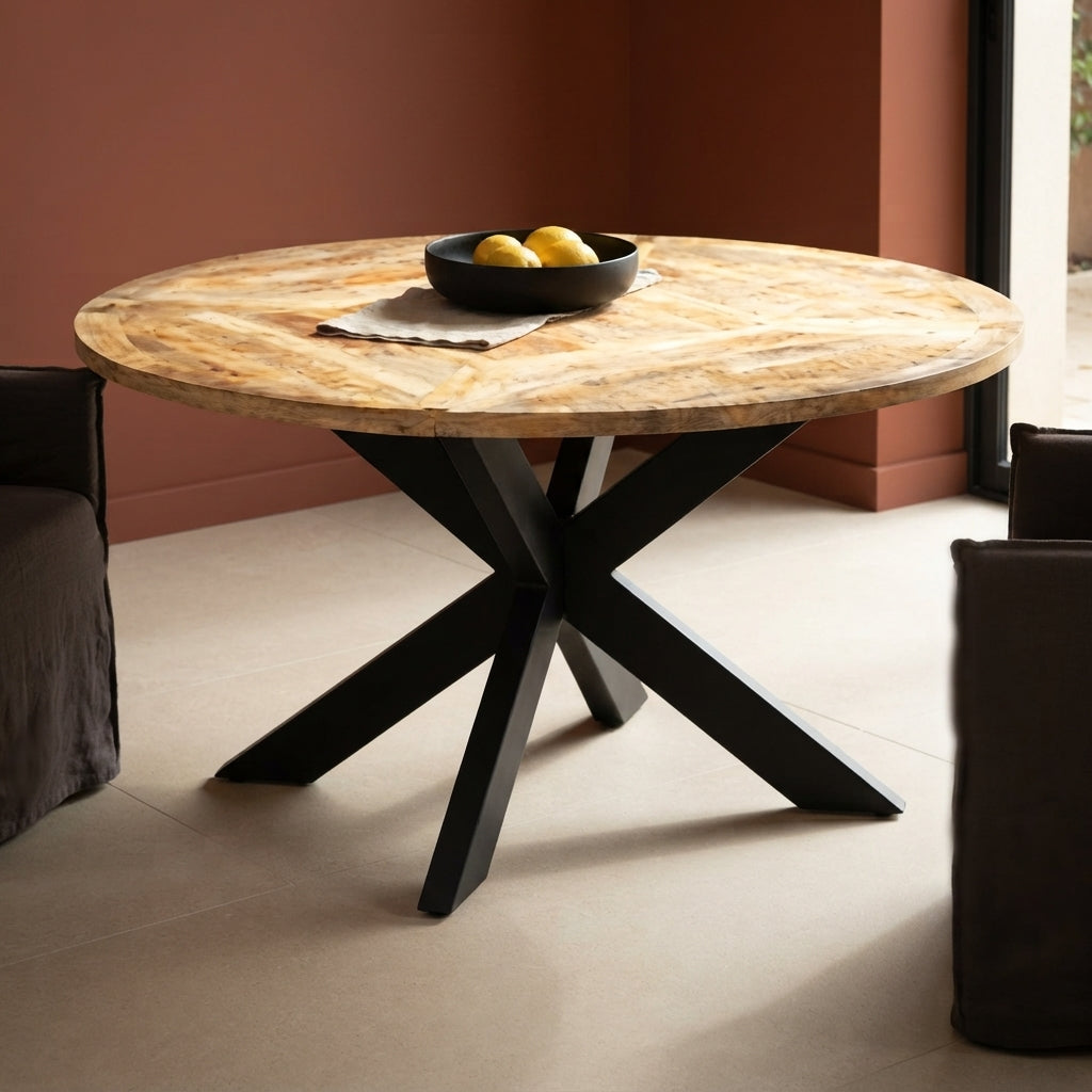 Table ronde à pied étoile – Manguier brut massif – 150 x 76 cm