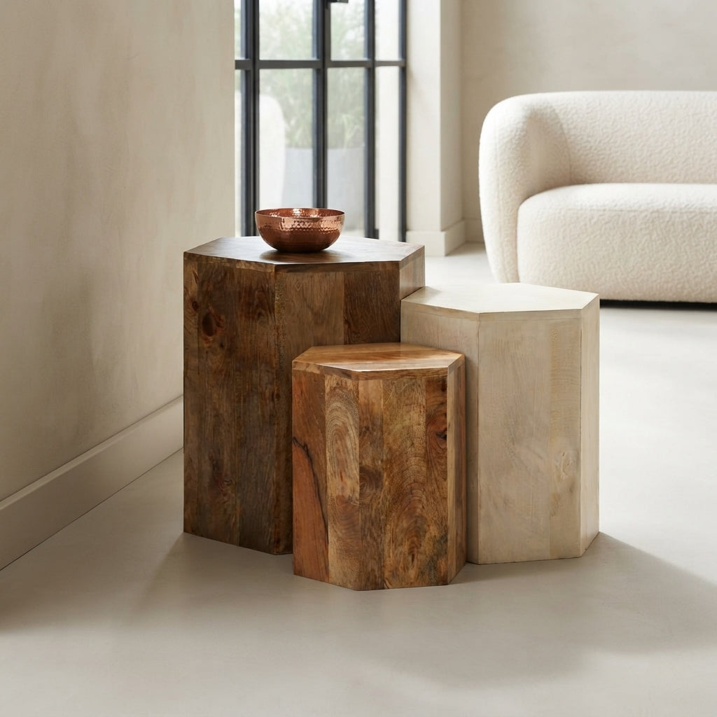 Trio de Tables Basses Hexagonales en bois de manguier – photo 3
