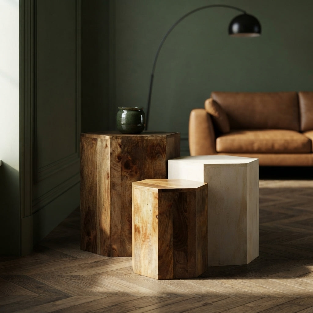 Trio de Tables Basses Hexagonales en bois de manguier – photo 5