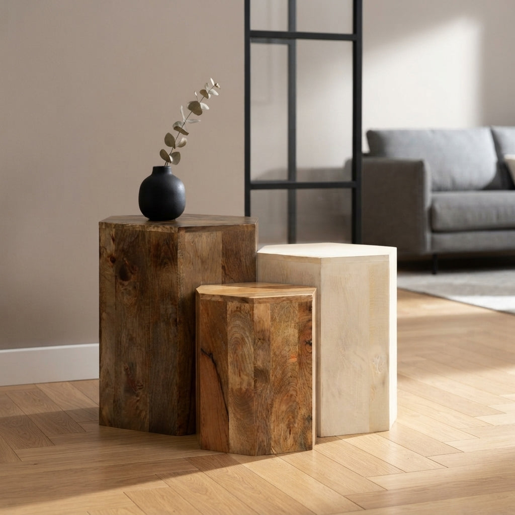 Trio de Tables Basses Hexagonales en bois de manguier – photo 6