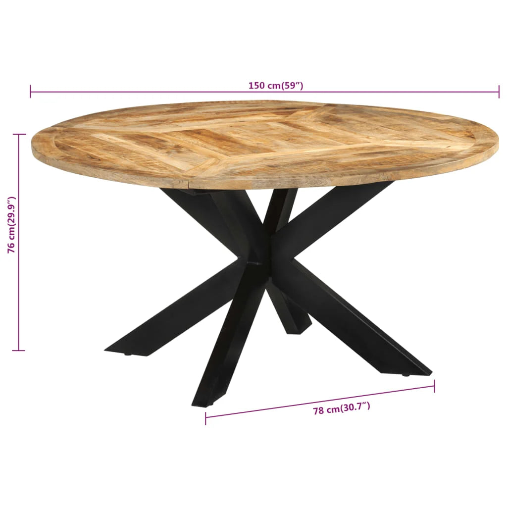 Table ronde à pied étoile – Manguier brut massif – 150 x 76 cm – dimensions